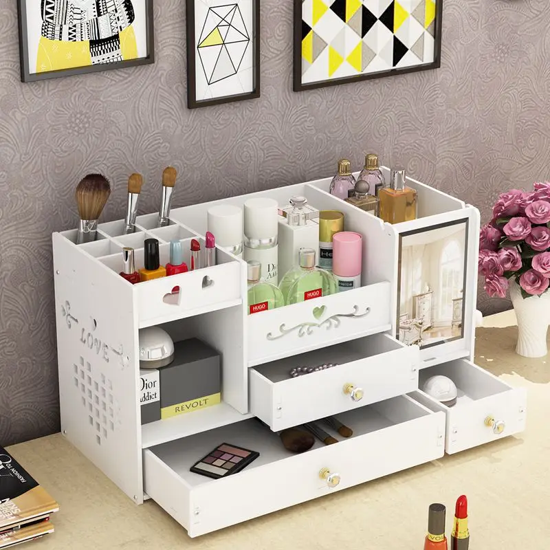 

Large desktop cosmetics drawer storage box with mirror dresser shelf