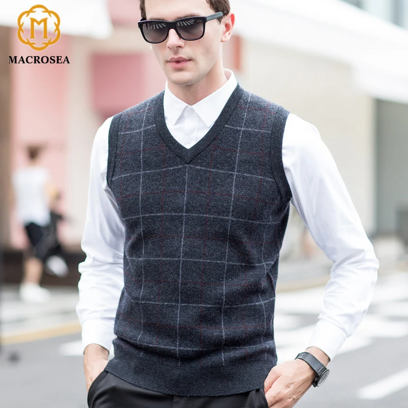 MACROSEA New Fashion Men's Wool Knitting Sweater Vest Male's Plaid ...