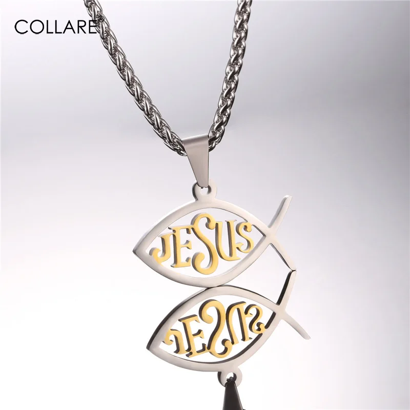 Collare Jesus Fish Pendant Ichthus Stainless Steel Gold/Black Color Men