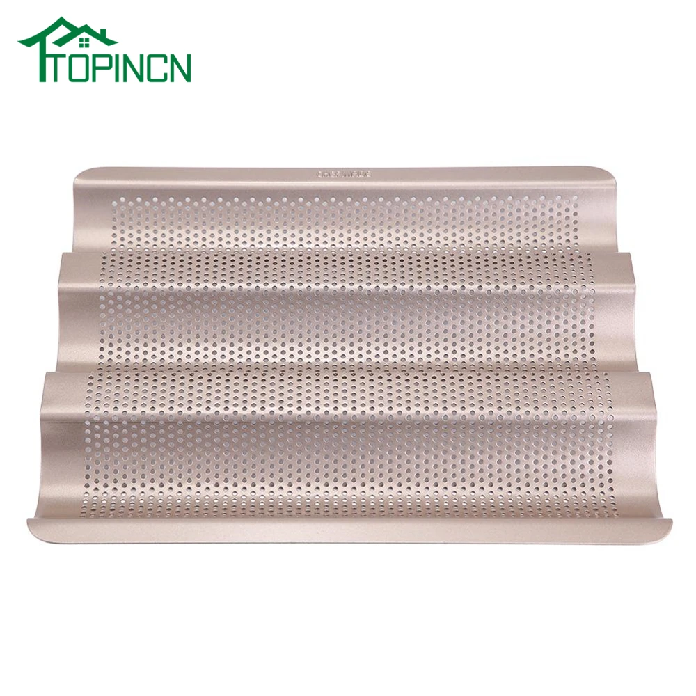 TOPINCN 10/15 Inch Metallic French Bread Pan Baguette Baking Tray Perforated 3-slot Non Stick Bake Loaf Mould TOPINCN 10/15 Inch Metallic French Bread Pan Baguette Baking Tray Perforated 3-slot Non Stick Bake Loaf Mould