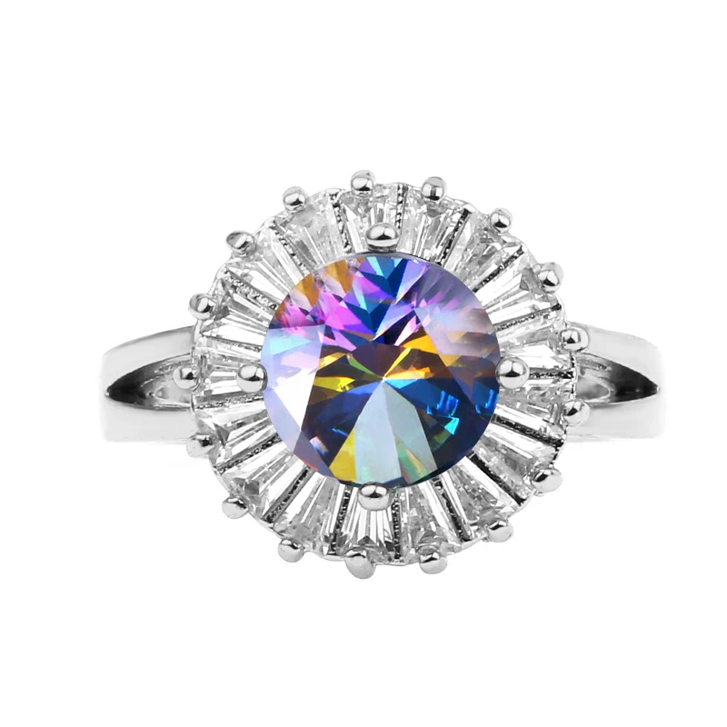 

Beauty Flower Charming Fair Engagement Color Tourmaline White CZ Sliver Color Ring Gift Jewelry For Woman Party Accessory