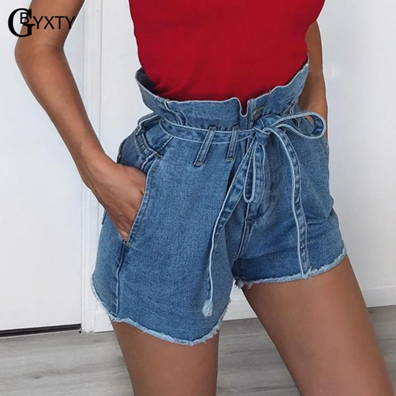 

GBYXTY short femme ete High Waist Jean Shorts Women 2019 Summer Sashes Belt Pocket Denim Shorts Streetwear Ladies Shorts ZA1474
