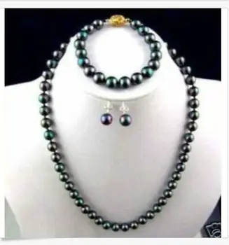 

sets 10-11mm tahitian black green pearl necklace 18inch bracelet earring