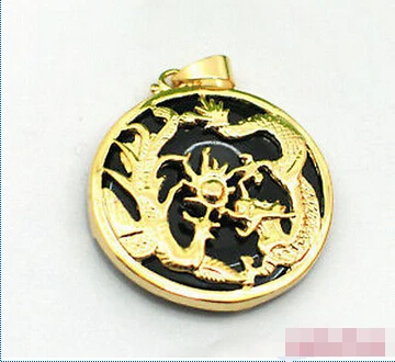 

DD Wholesale FREE SHIPPING >>> Black Agate Yellow Gold Plated Dragon Phoenix Sun Pendant and Necklace