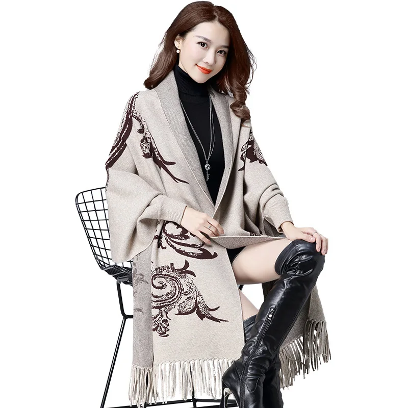 ^Cheap New 2019 Autumn Winter Women's Elegant Printing Tassel Cardigan Sweaters Batwing Sleeves Scarf Cape Outwear High Quality Y423