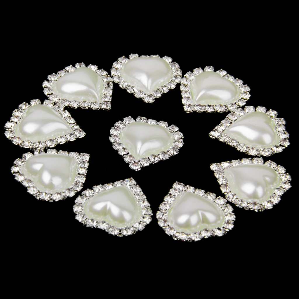 10pcs Heart Crystal Beige Faux Pearl Button Flatback Embellishment 20mm x 25mm