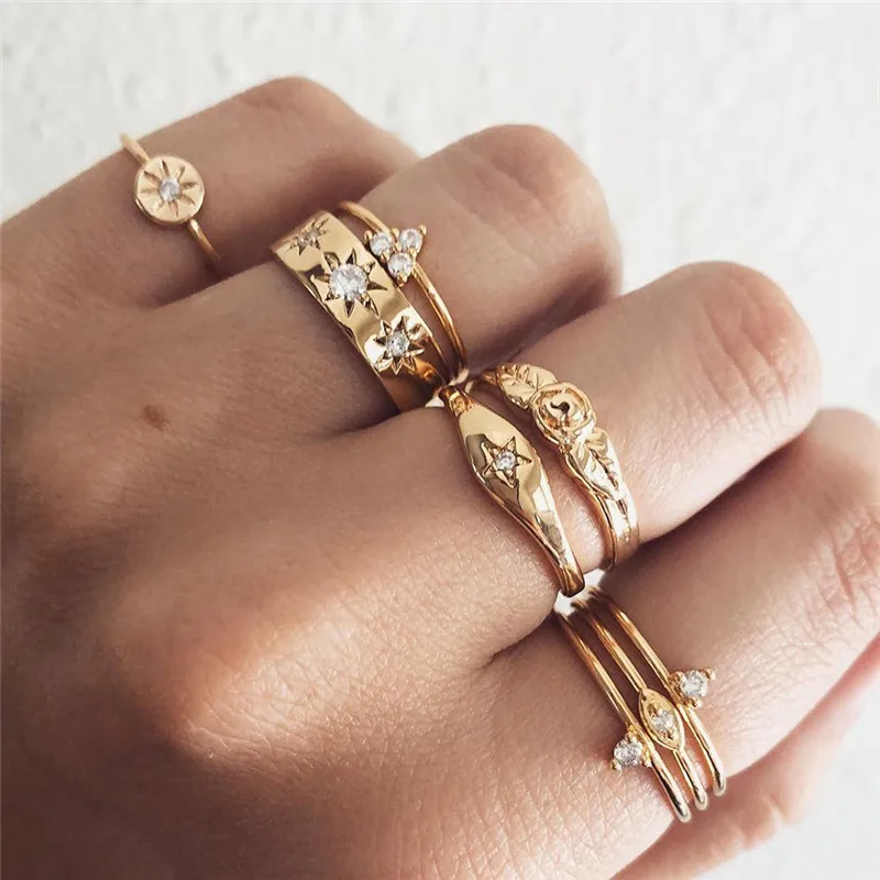 

8Pcs/Set Fashion Geometry Intersect Crystal Rings Set For Women Girls Engagement Wedding Rings Female Party Jewelry Gifts