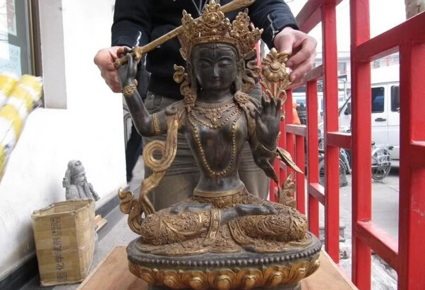 

USPS to USA S1100 23 Buddhism Bronze Copper Gild manjusri Avalokitesvara Kwan-Yin Guan Yin Statue B0401