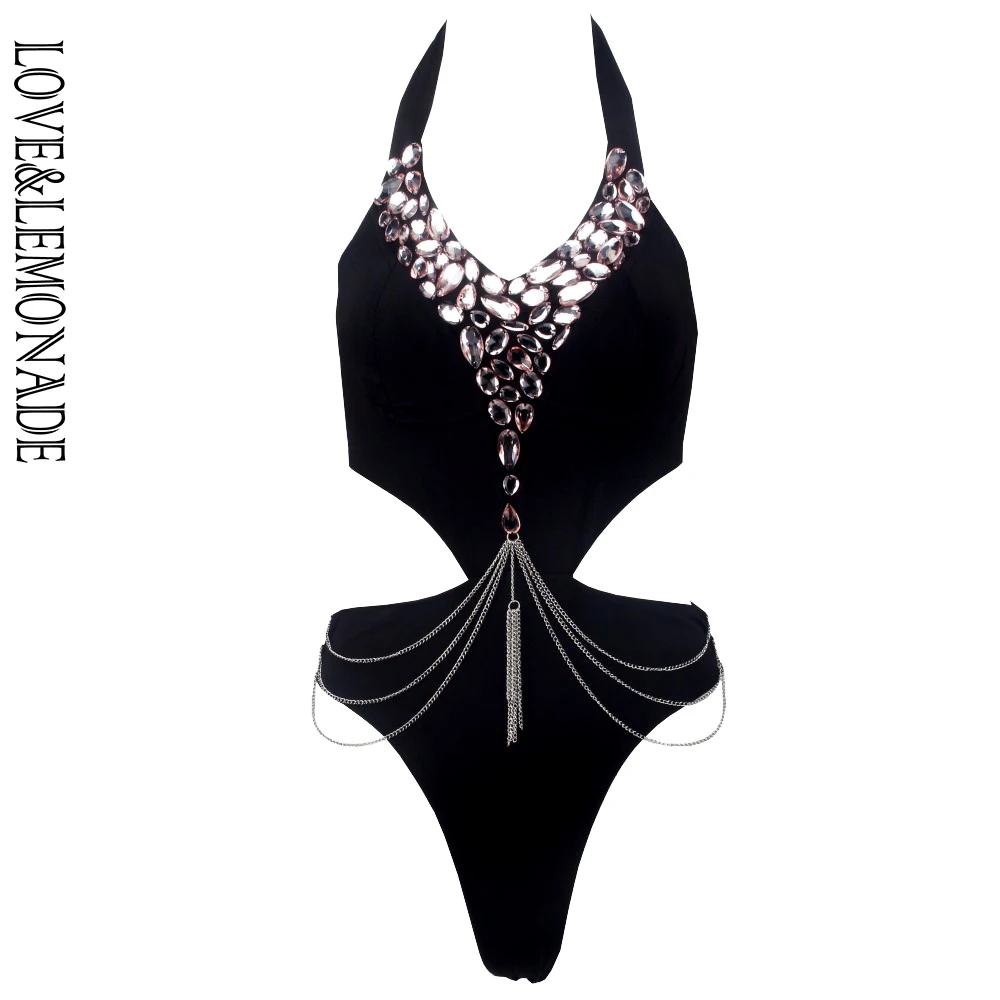 Love&Lemonade Black Holder Bead Silver Chain Bodysuit TB 10223