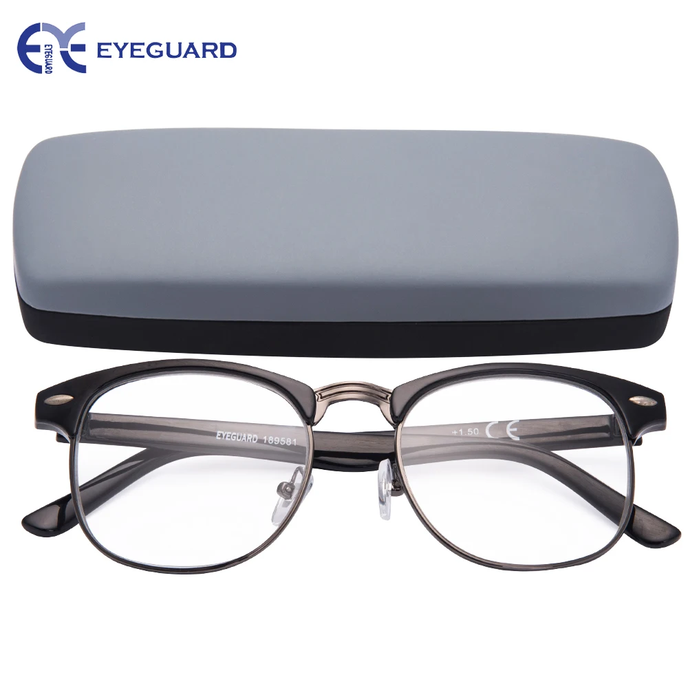 EYEGUARD круглая половина дужки металл очки для чтения Пружинные шарниры классические читатели унисекс черный с жестким чехлом