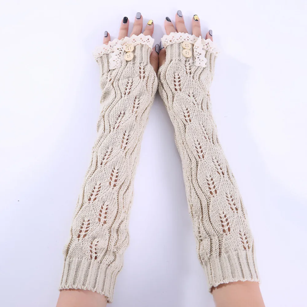 1 пара, модные женские зимние теплые однотонные Вязаные кружевные длинные перчатки без пальцев, варежки, высокое качество,, 18Nov - Цвет: Beige