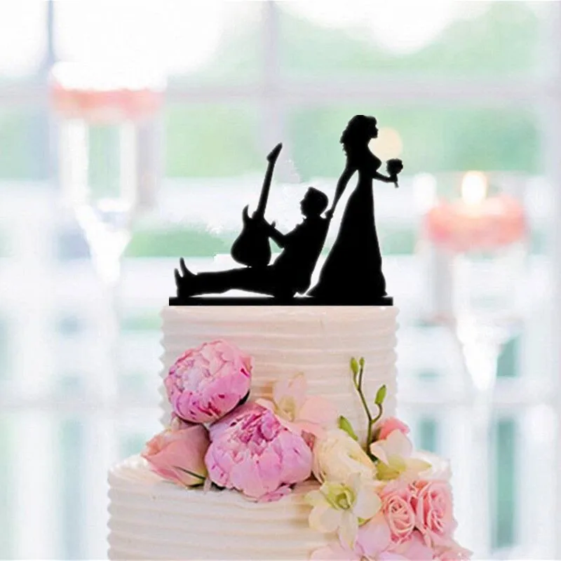 Смешанный Забавный стиль Свадебный торт Топпер черный акриловый Жених и невеста силуэт торт топперы для украшения торта