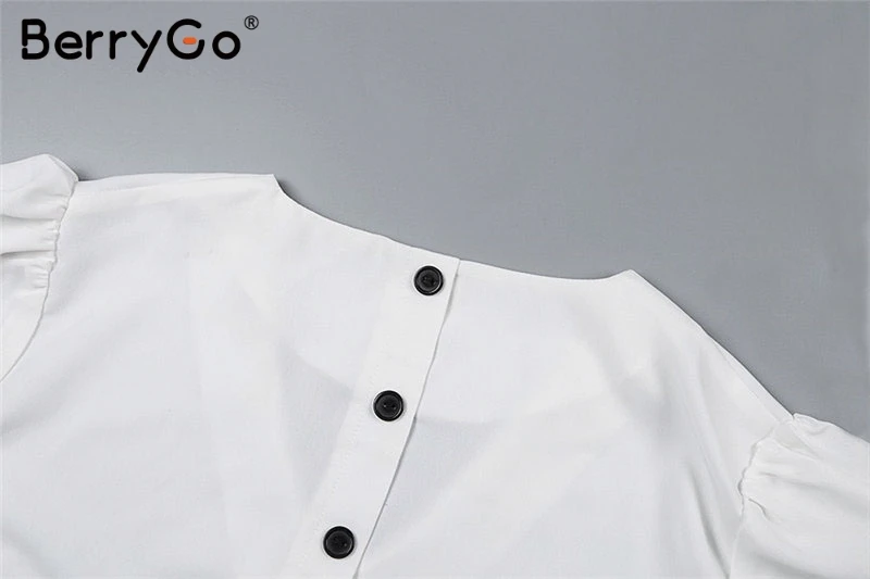 BerryGo, женская блузка с пышными рукавами, белая рубашка на пуговицах, топы с v-образным вырезом, весна, элегантные офисные женские уличные блузы, женские рубашки