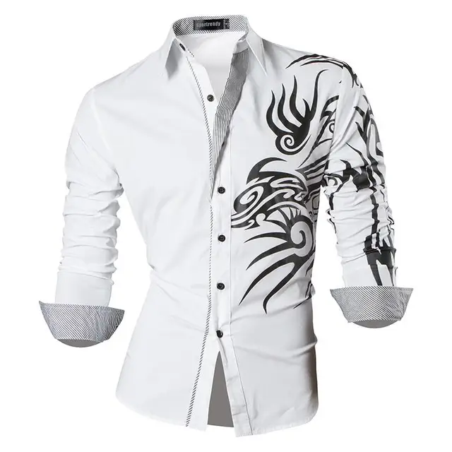 Sportrendy Men's Shirt Dress Casual Long Sleeve Slim Fit Fashion Dragon Stylish JZS041 JZS043-White