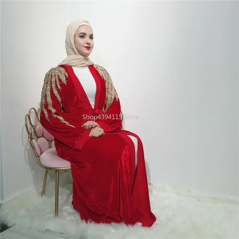 

Dubai Velvet Abaya Women Kimono Kaftan Muslim Long Open Cardigan Dress Islamic Jilbab Robe Gown Arab V-neck Beading Ramadan New