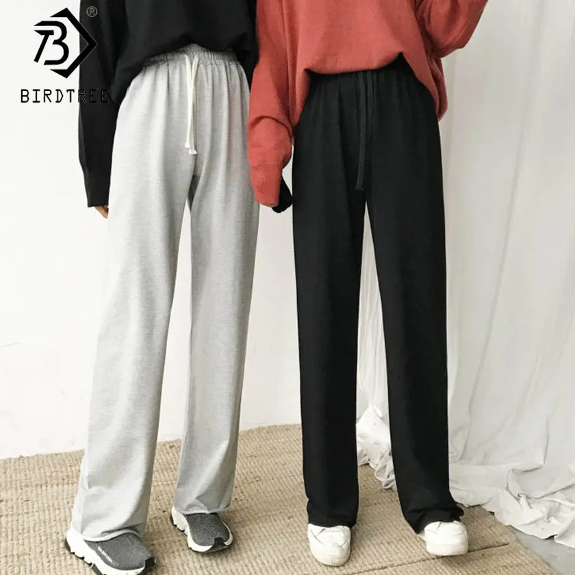 2019 New Women's Solid Pants High Waist Drawstring Long Length Wide Leg