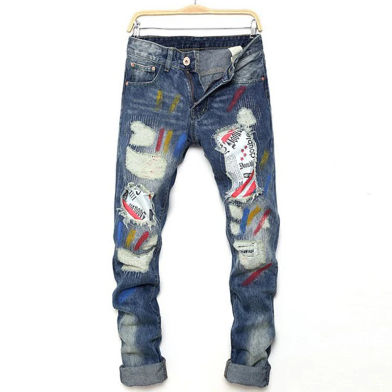 Patchwork mens jeans personality printed jeans hole jeans slim fit
