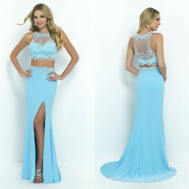 Sexy Side Slit Light Blue Crop Top Lace Applique Mermaid 2 Piece Prom ...