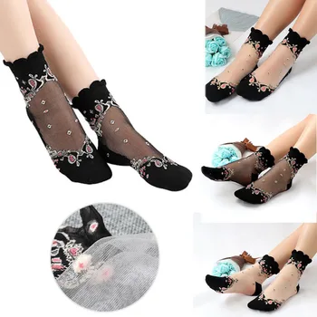 

Elastic Lace Socks Crystal Glass Silk Ultrathin Literary 1Pair Summer Transparent Baroque Short Socks