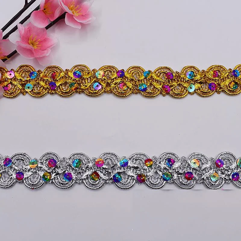 

YACKALASI 12 Yds Sequined Lace Appliqued S Wave Ribbons Belt Braided 3D Gold Flower Sewing Apparel Trim Handmade 2.7cm Wide
