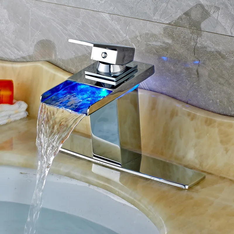 

Free Shipping Chrome Countertop Bathroom Sink Faucet LED Spout Mixer Tap With 8" Cover Plate