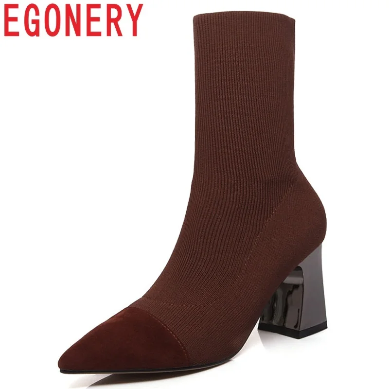 

EGONERY 2018 newest kid suede and stretch fabric mid calf boots high square heel slip-on pointed toe fashion sexy women shoes
