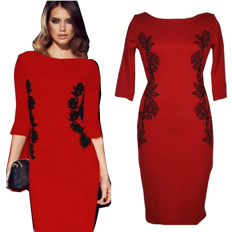 2016 New Designer Female Summer Red Flower Dress Sexy Club Sheath Slim