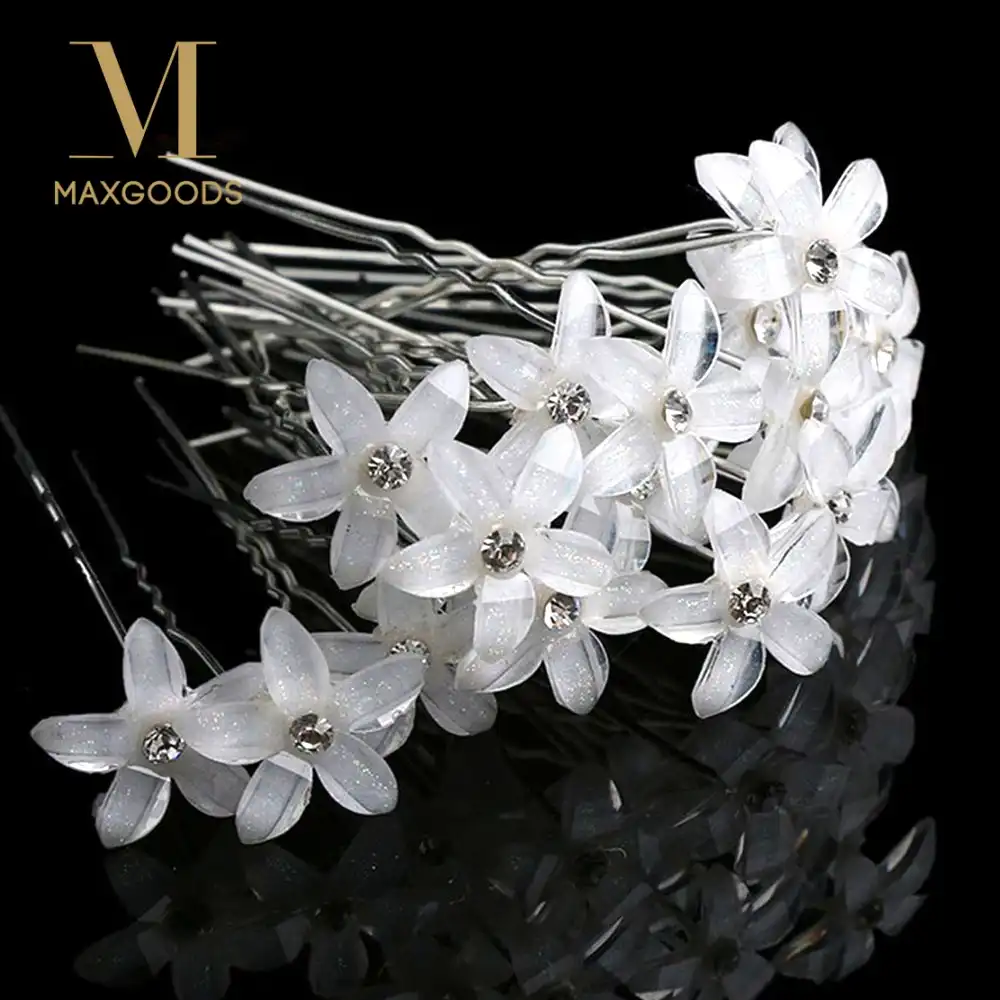 20pcs Set White Flowers Hairpin Stick Wedding Women Bridal Crystal