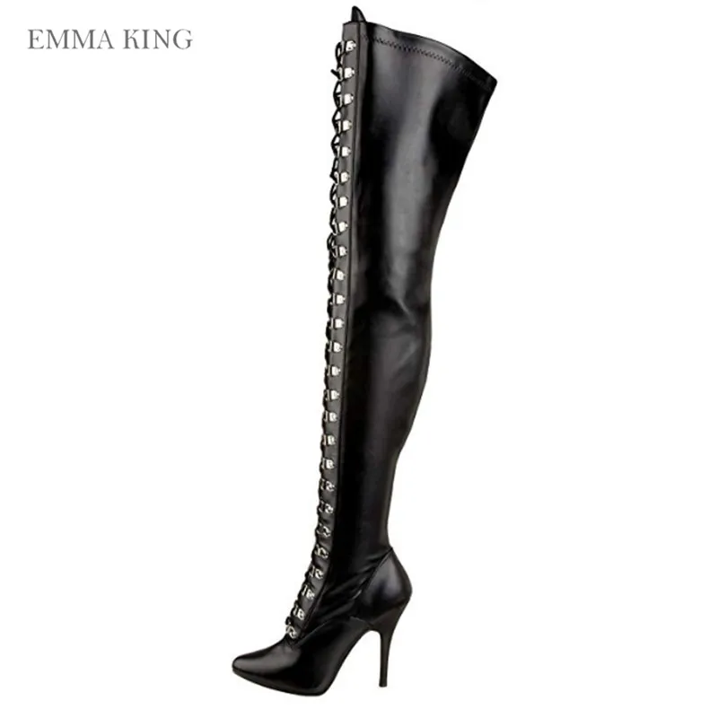 

EMMA KING Over The Knee Black Side Zipper Womens Boots Party Buckle Strap Pointed Toe Autumn Thin High Heels Shoes Cross-Tied