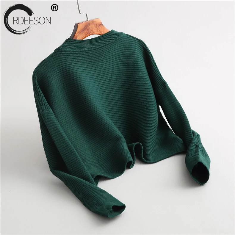 Dark green ORDEESON Джерси «летучая мышь» рубашка Для женщин свитера и пуловеры зимние Круглый воротник вязаный свитер Одноцветный Топ свитера - Цвет: Dark green