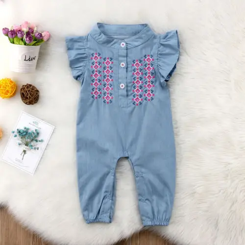 2018 جديد لطيف الطفل الفتيات الدنيم رومبير الوليد طفلة التطريز playsuit بذلة الجسم دعوى الصيف طفلة الملابس