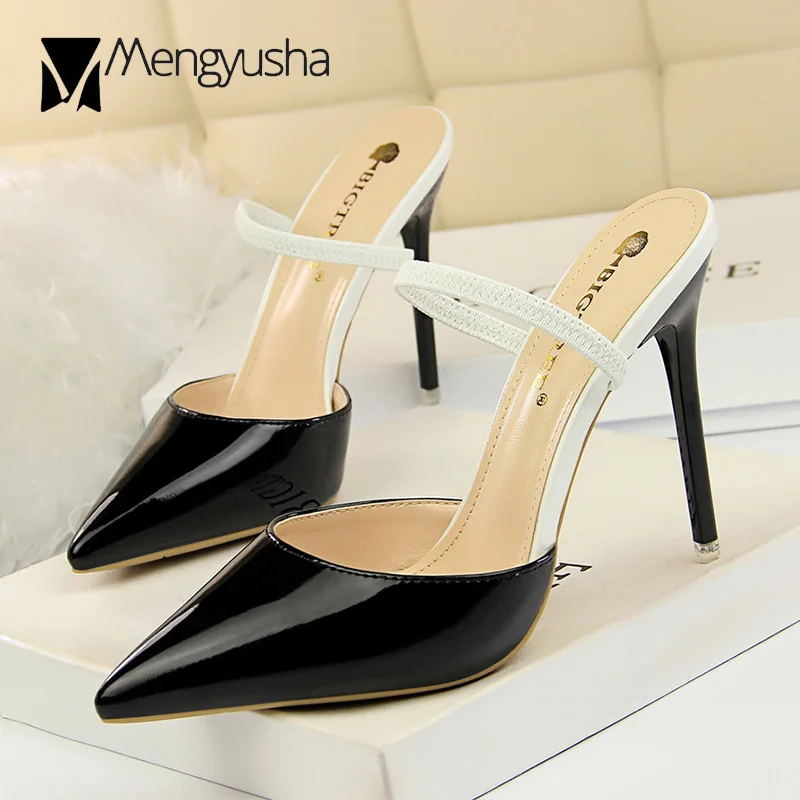 Narrow band concise thin high heels sexy lady solid japanned leather