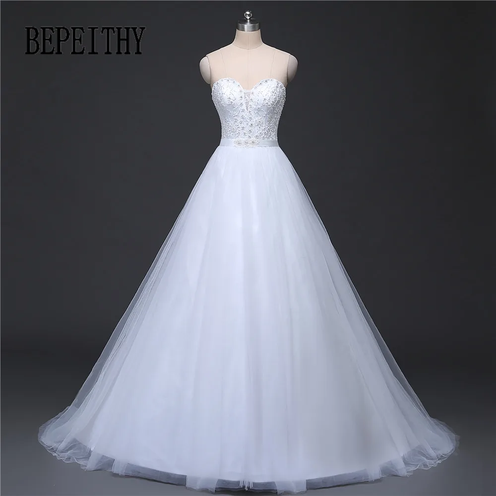 

BEPEITHY Real Image Wedding Dress Lace Top Vestido De Novia White Wedding Dresses 2019 Robe De Mariage Cheap Bridal Gowns