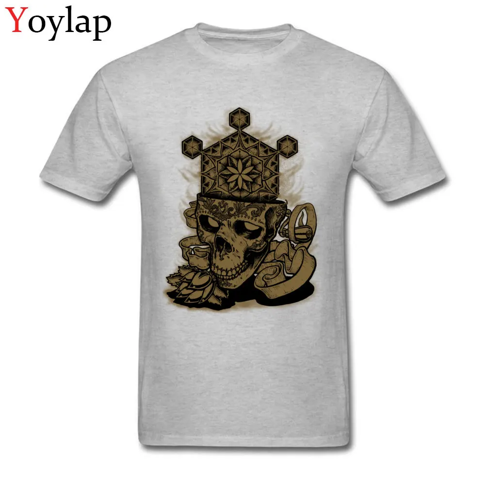 Round Neck All Cotton T Shirts for Men Family Summer Fall Tops Tees Short Sleeve Brand Flower of Life Skull Golden Printing Tee Shirt grey