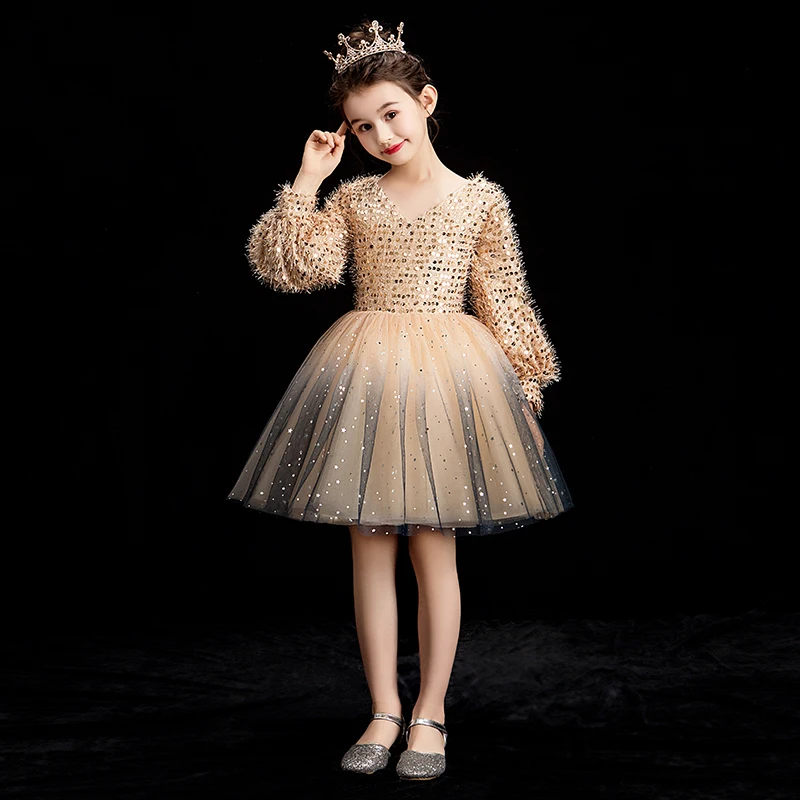 

V-neck Sequined Flower Girl Dresses Wedding Lantern Sleeve Ball Gown Kids Pageant Dress Birthday Princess Party Dress 1-12 Years