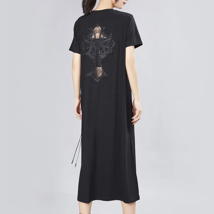 

Women Short Sleeve Trend Embroidery Mesh Translucent Drawstring Dress Female Streetwear Loose Casual Black Long Dresses Summer