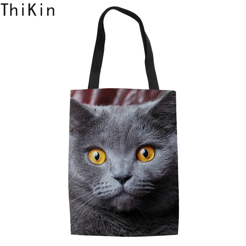 

THIKIN Cute Cat Dog Print Canvas Tote Shoulder Bag for Teenage Girls Summer Beach Handbag Feminina Linen Reusable Shopping Bags