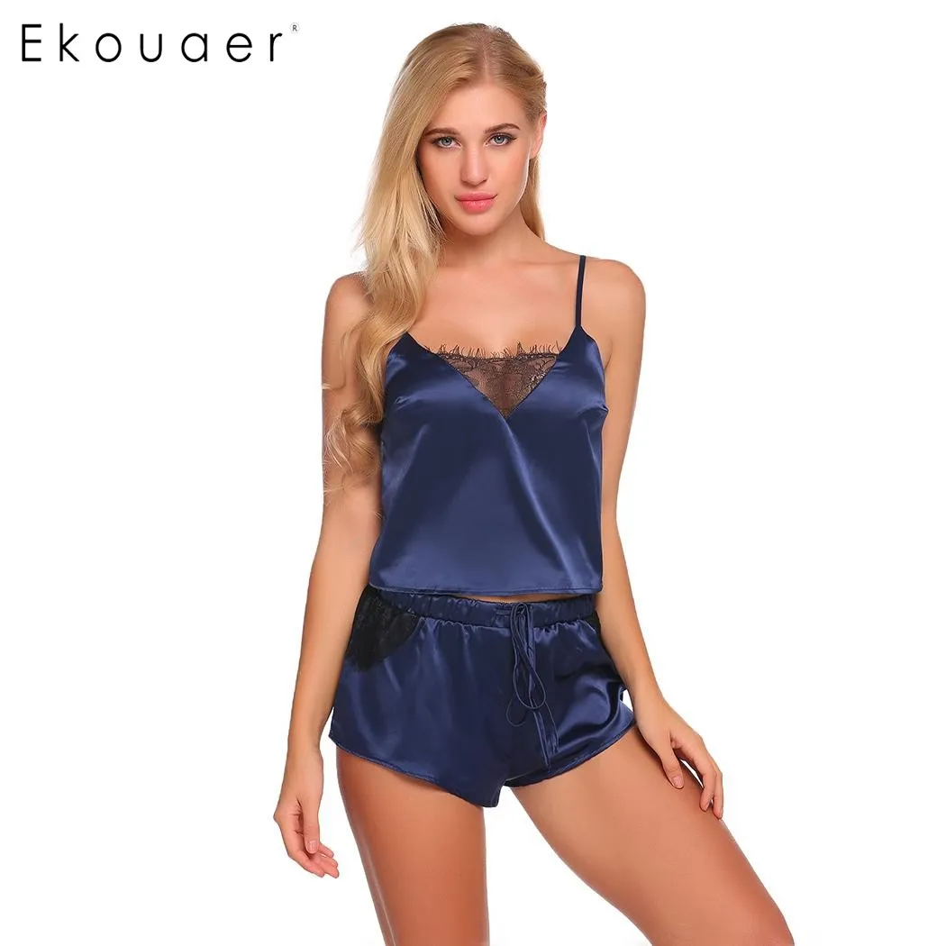 

Ekouaer Womens Sexy Lace Patchwork Sleepwear V-Neck Backless Nightwear Summer Spaghetti Strap Pajamas Set Satin Cami Set