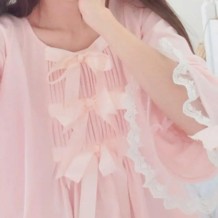 Японская одежда для сна в стиле Лолиты для девочек, шелковое хлопковое розовое платье с бантиком сакуры платье для сна милое винтажное платье принцессы с бантом AW317 - Цвет: PINK