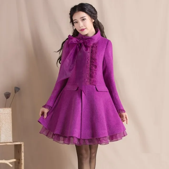Осень и зима новые дамские темпераментные Свободные шерстяные куртки женские размера плюс стоячий воротник тонкие фиолетовые шерстяные пальто