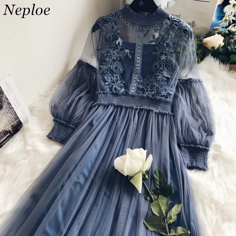 Модное платье Neploe Женские однотонные Ажурные кружевные платья летние сетчатые с