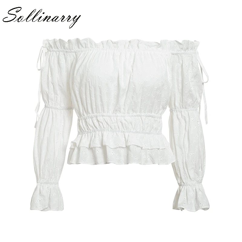 Sollinarry, белый Riffle, сексуальные женские осенние Топы, блузка,, с открытыми плечами, с вырезом, блузка, для девушек, рукав-фонарик, рубашка, зима, бохо