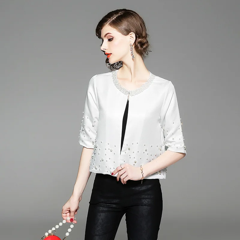 DUOUPA White Office Lady Solid Pearl Embellished Round Neck Jacket Autumn Workwear Casual Women Coat And Outerwear DUOUPA White Office Lady Solid Pearl Embellished Round Neck Jacket Autumn Workwear Casual Women Coat And Outerwear