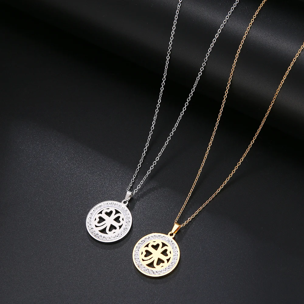 Cacana Stainless Steel Crystal Round Pendants Necklace Women Jewelry Hollow clover Donot Fade Valentine's Day Gift (7)