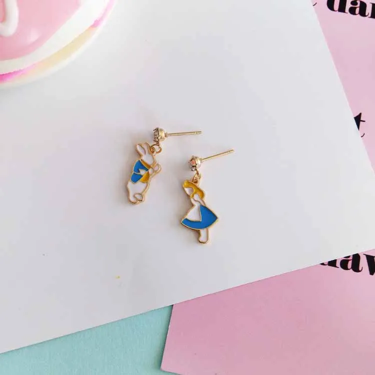 

New Fashion Asymmetric Earrings Alice In Wonderland Rabbit Anti-allergic Cartoon Ear studs for women