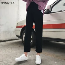 Джинсы Женские однотонные с высокой талией свободные прямые джинсовые рваные винтажные карманы на молнии длиной до щиколотки женские s джинсы черные универсальные Новые