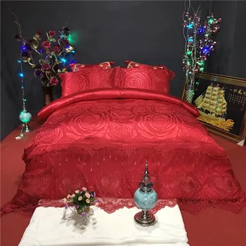 

2018 Luxury silk cotton Jacquard wedding lace Bedding Set red rose duvet covers Classical Chinese style Bed bedclothes