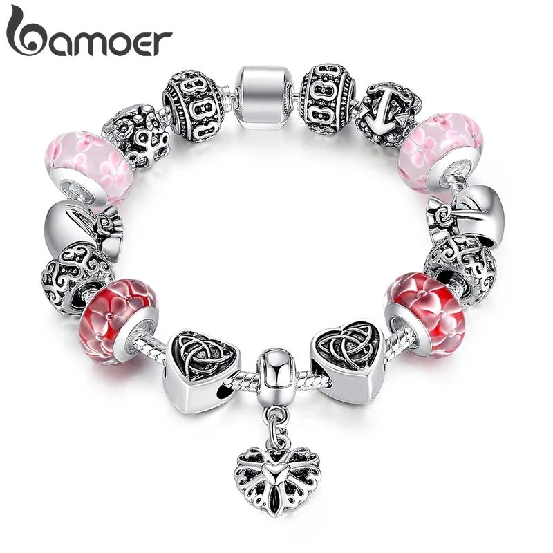 

BAMOER Silver Color Bracelet for Lady With Heart Charms in Oxidation Bracelet & Bangles Gift for Family PA1822