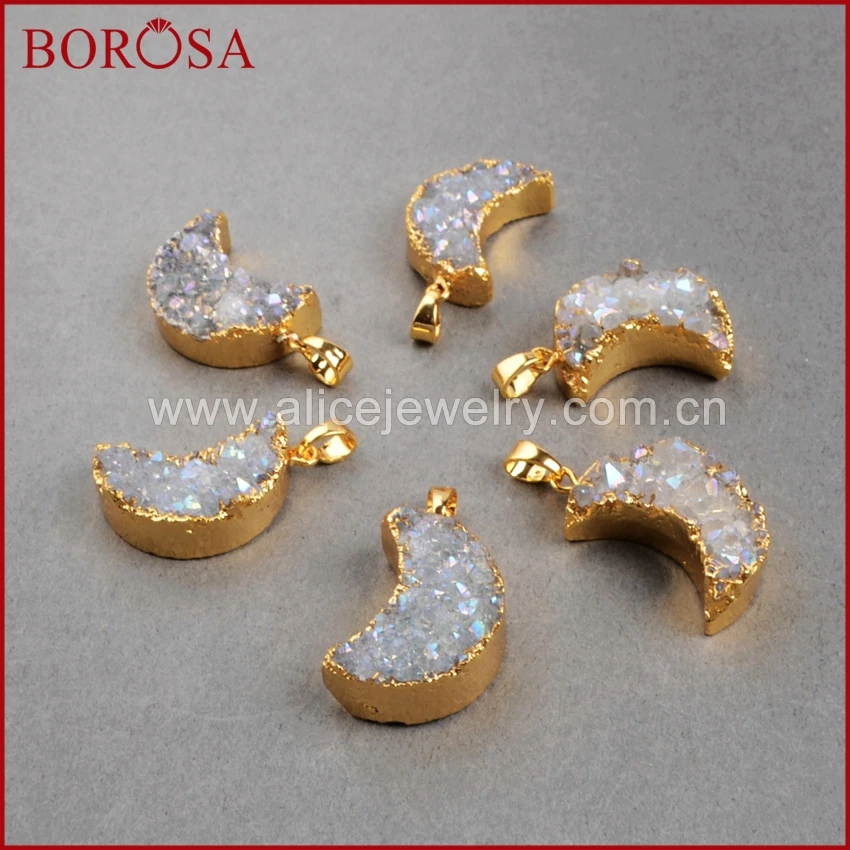 BOROSA 5 шт. золотые цвета в форме Луны Кристалл Друза кулон ожерелья Агаты Drusy AB для