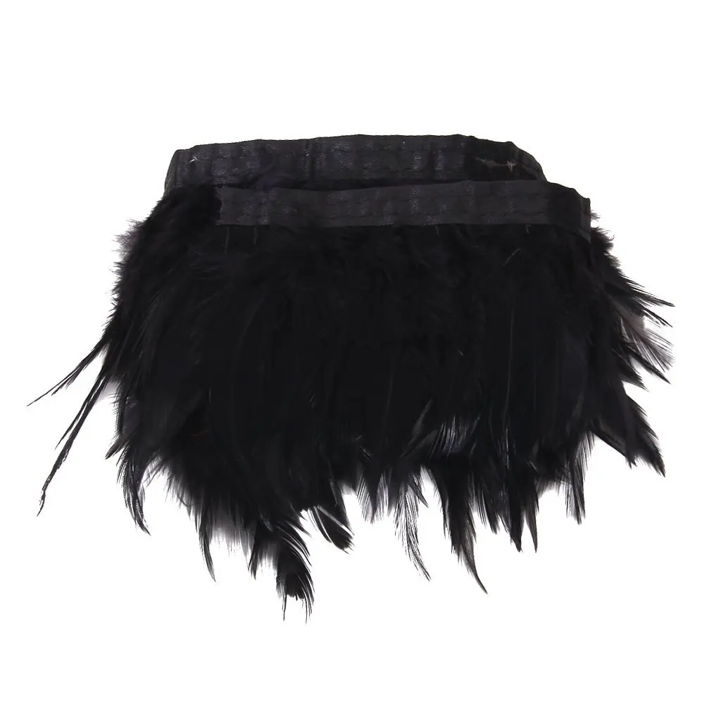 

LHBL Approx. 33 Inches Handmade Rooster Feather Fringe Trim for Sewing Crafts Decoration---Black